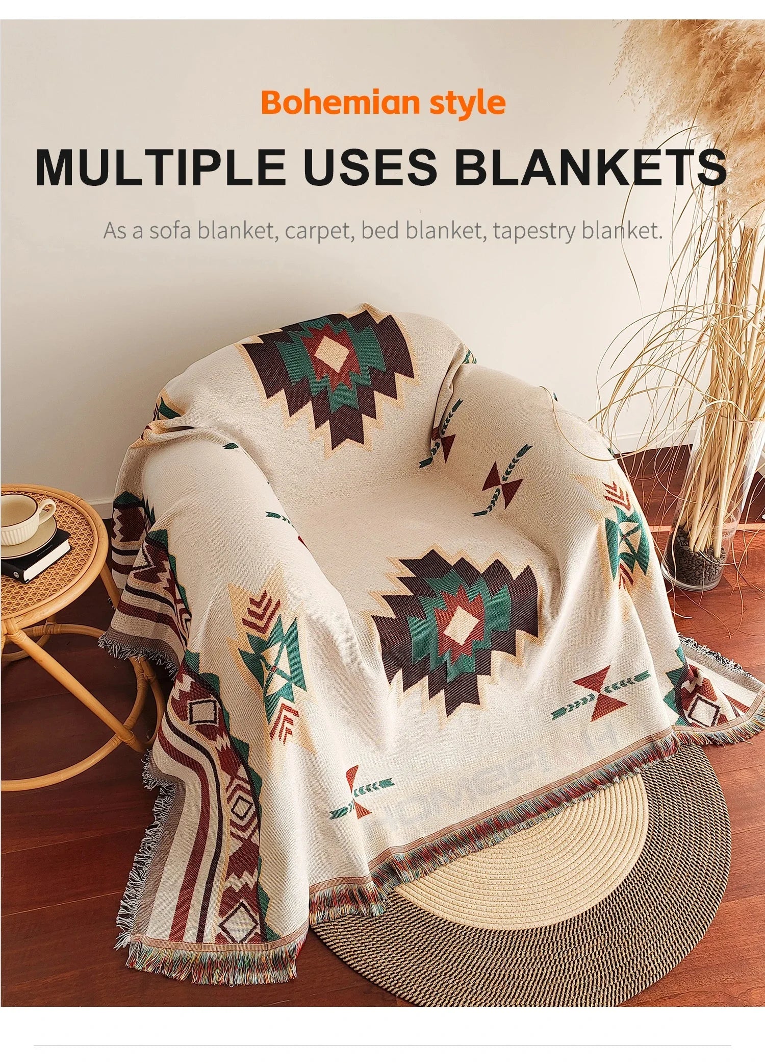 Aztec Blanket Oversized Boho Throw Blanket with Fringe Southwestern Geometric Tapestry Vintage Woven Throw Blankets Double-S Pi-Mart