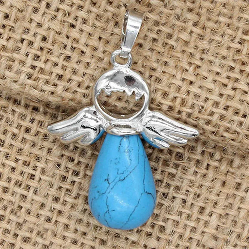 Angel Wing Crystal Stone Pendants For Women Necklace DIY Natural Amethyst Rose Quartz Water Drop Necklace Jewelry No Chain Pi-Mart
