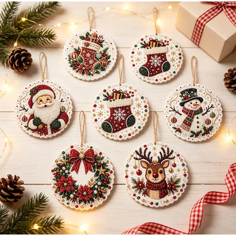 Christmas Diamond Painting Kit DIy Christmas Wooden Ornaments Xmas Snowman Reindeer Hanging Decor Relaxing Project Holiday Gifts Pi-Mart