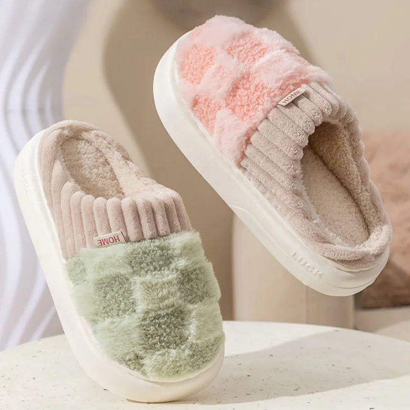 Fashion Couple Winter Slides Warm Plaid Fluffy Slippers Soft Sole Flip Flops For Women And Men Home Indoor Non-slip Cotton Shoes Pi-Mart