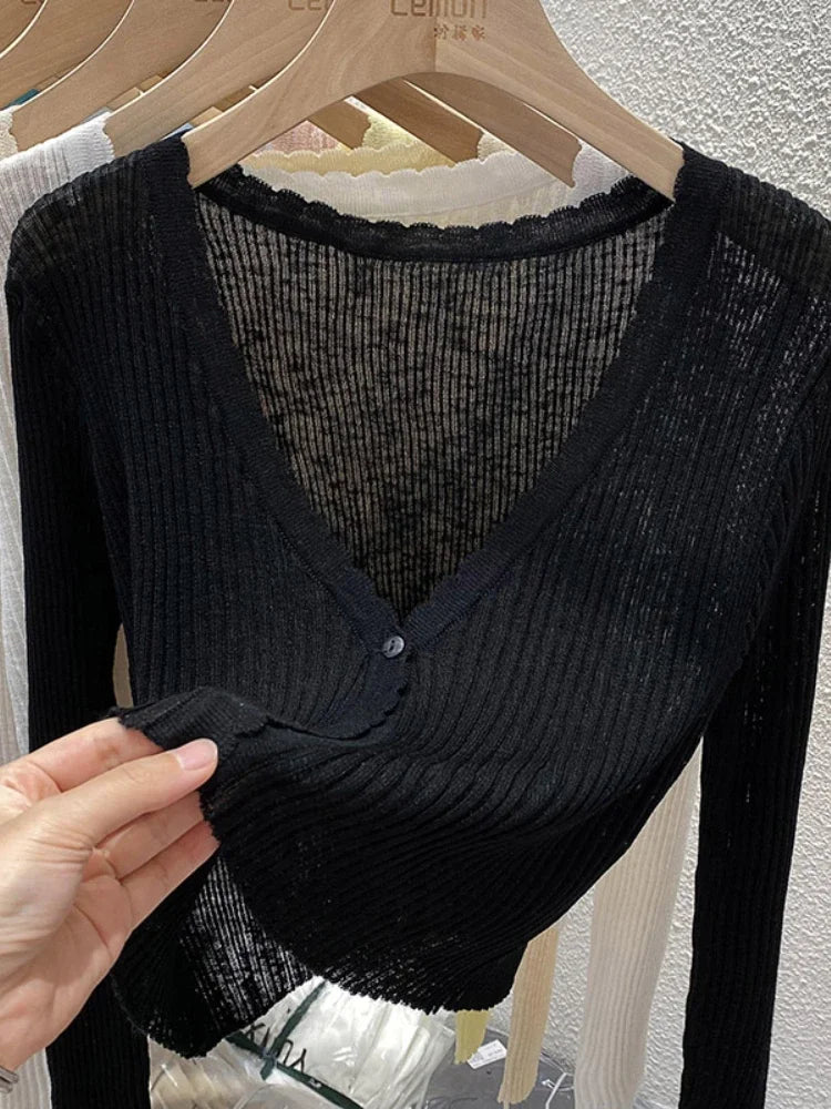 Summer Short Ice Silk Knitted Sun Protection Cardigan Women's Thin Suspender Skirt Layered Gauze Jacket Air-conditioned Cover Up LadyShow.Store