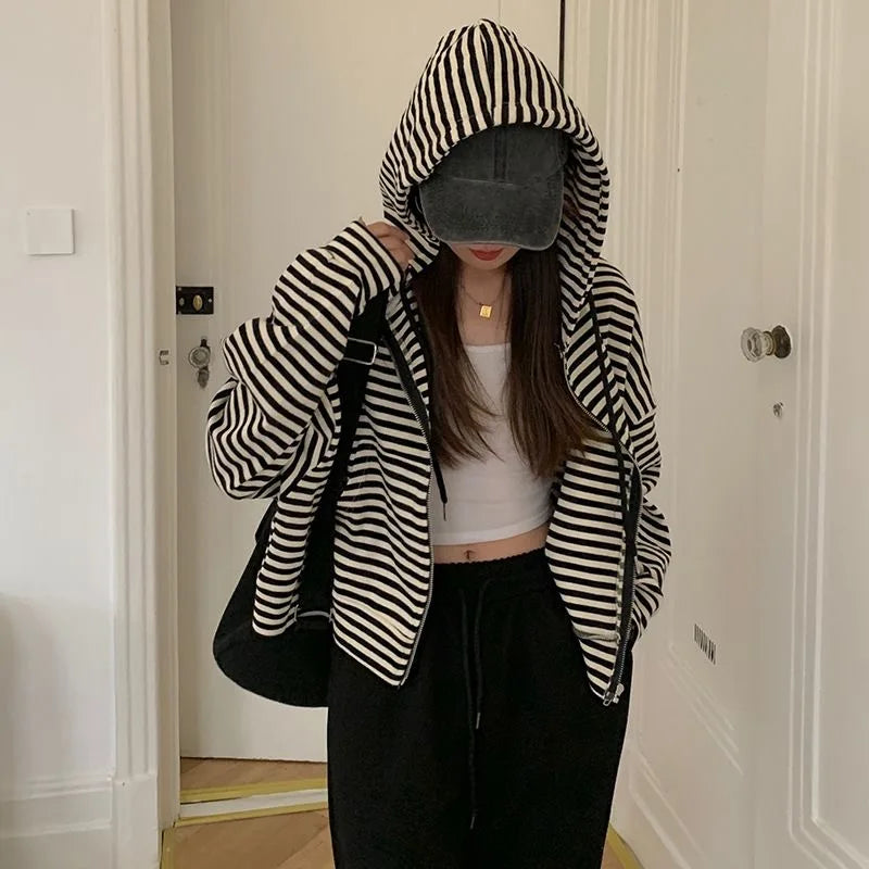 2000S American Vintage Striped Loose Long Sleeve Hooded Sweatshirt Y2k Subculture Casual Zip Up Hooded Cardigan Harajuku Coats LadyShow.Store