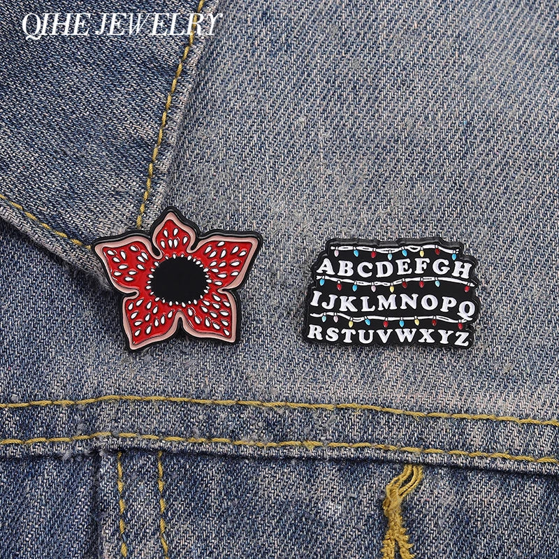 Sci-fi Horror Movies Brooch Enamel Pins Red Cannibal Flowers And 26 English Letter Brooches Backpack Lapel Badge Jewelry Gifts Pi-Mart