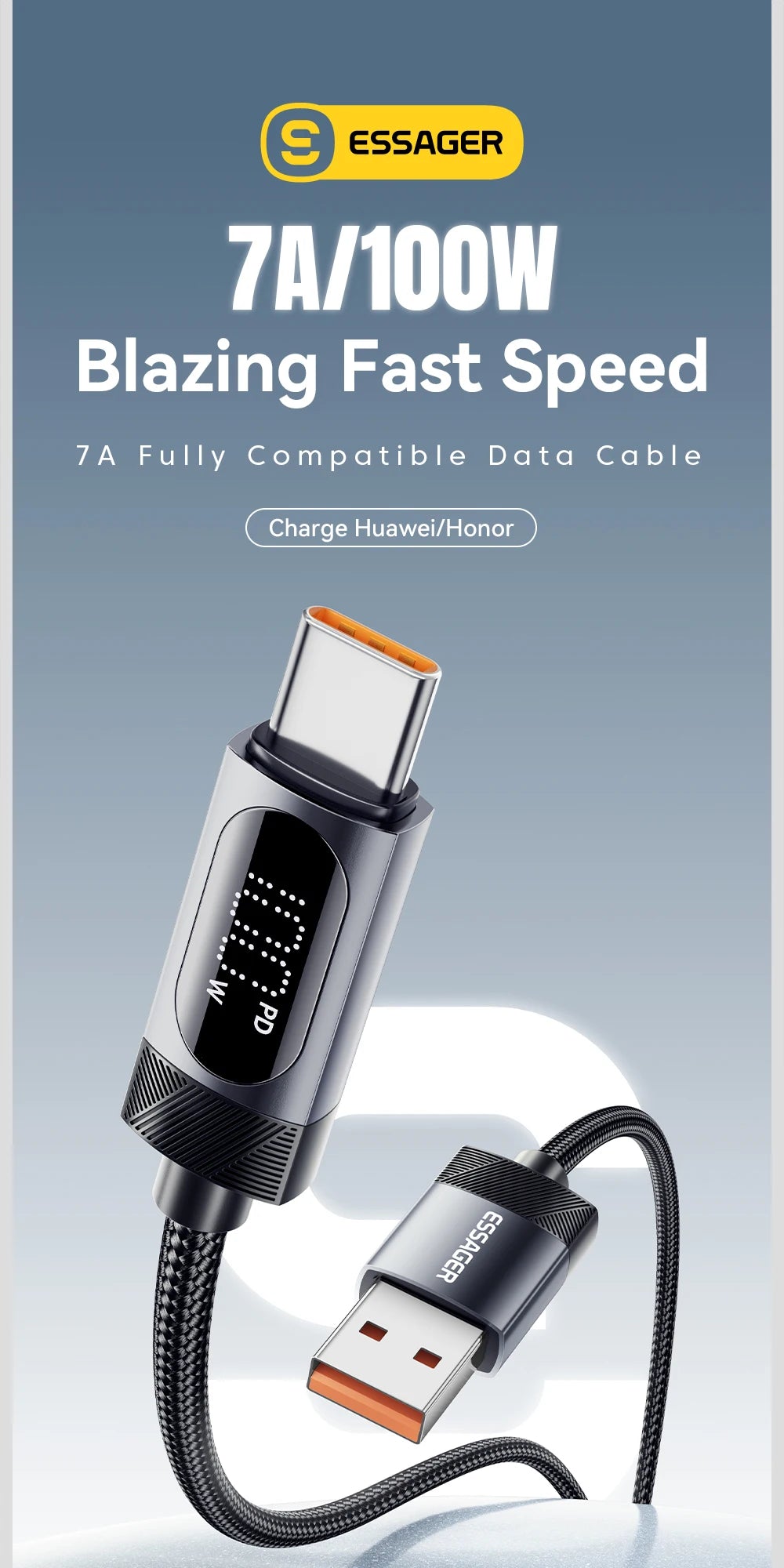 Essager Digital Dispaly USB C Cable For iPhone 17 16 15 Xiaomi Huawei 100W PD Fast Charging For Macbook iPad Type C to C Cable Pi-Mart