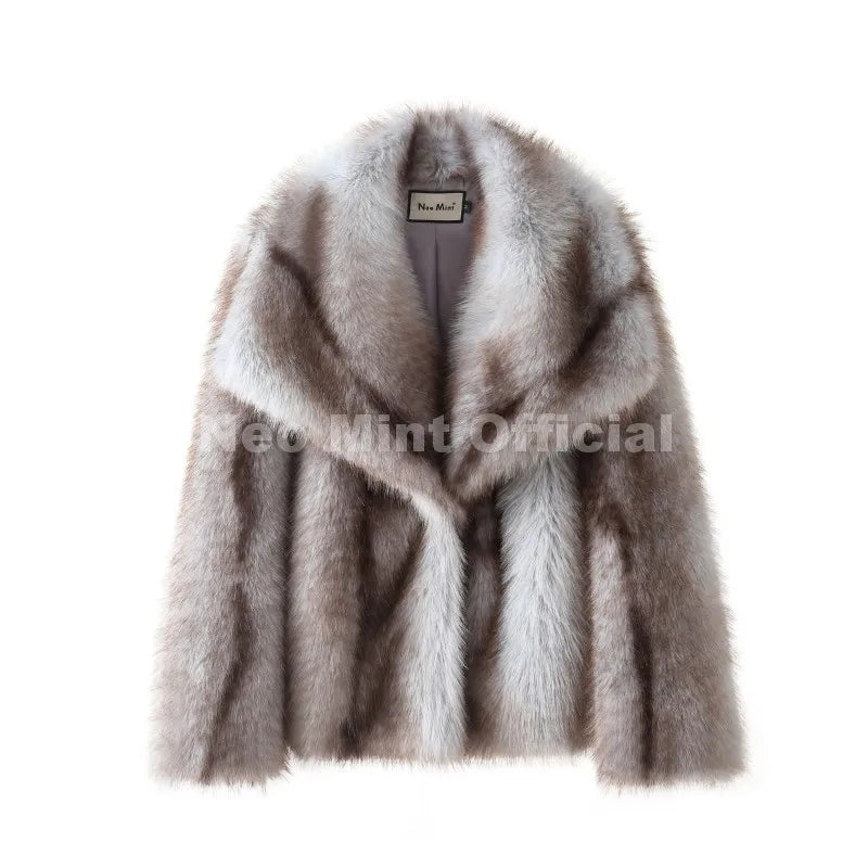 Neo Mint 2025 Winter Exclusive Striped Faux Fur Jacket Women Overcoat Brand Blogger Fashion Fluffy Fox Fur Collar Coat Outerwear LadyShow.Store