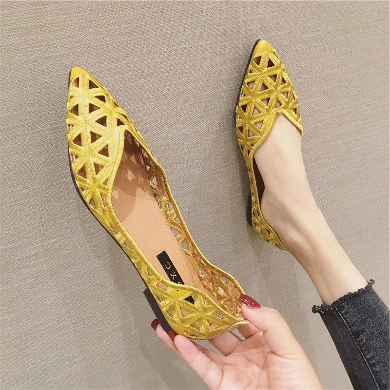 Flat Shoes Women 2026 Summer Pointy Joker Hollow Leisure Commuter Flat Spring Elegant Women's Shoes Breathable Hole Shoes Pi-Mart