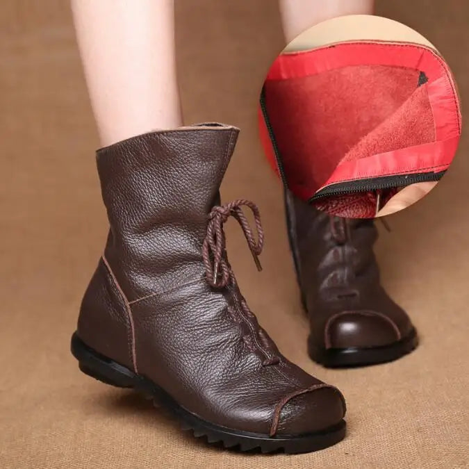 Genuine Leather Plush women's short Boots Retro Casual Autumn Winter Women Boots Waterproof warm Snow boots Plus Size 42 Pi-Mart
