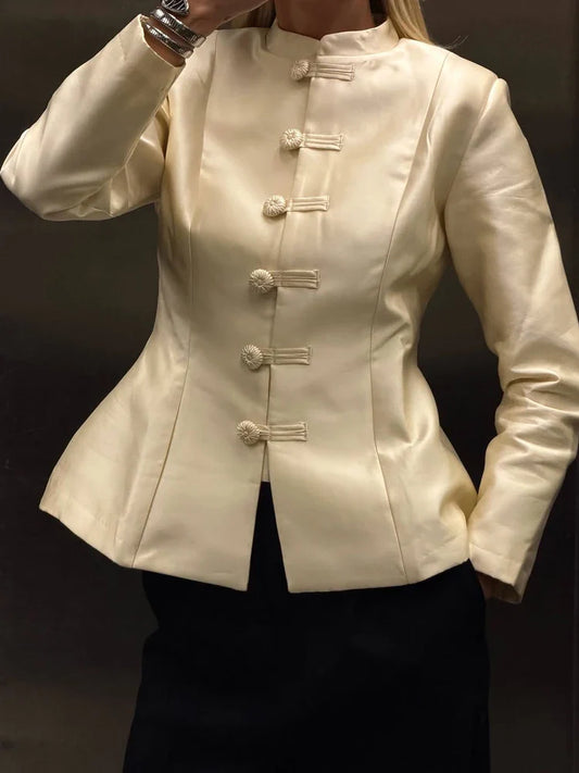 Elegant White Chinese Buttoned Jacket Women Full Sleeve Waist Cinching Single Breasted Short Coats 2026 Lady Daily Outwear LadyShow.Store
