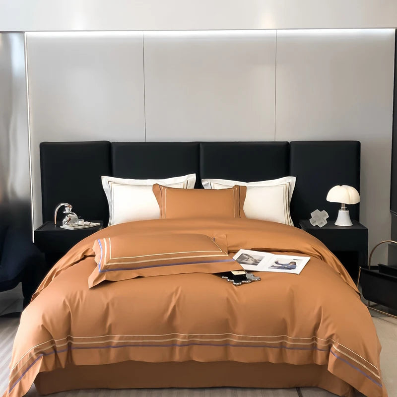 Hotel Style Bedding Set Luxury Golden Embroidery Duvet Cover Grey Egyptian Cotton Bed Sheets Pillowcases Solid Color Bedclothes Pi-Mart