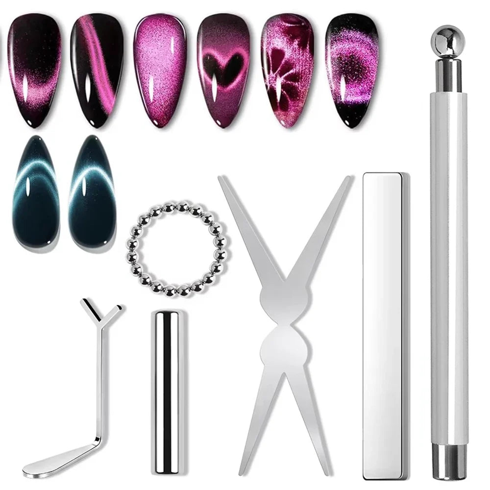 YIKOOLIN 6Pcs Cat Eye Magnet Set French Tip Heart & Flower Design Nail Art Gel Polish Manicure Tools for DIY Nail Art Tri Light Beauty