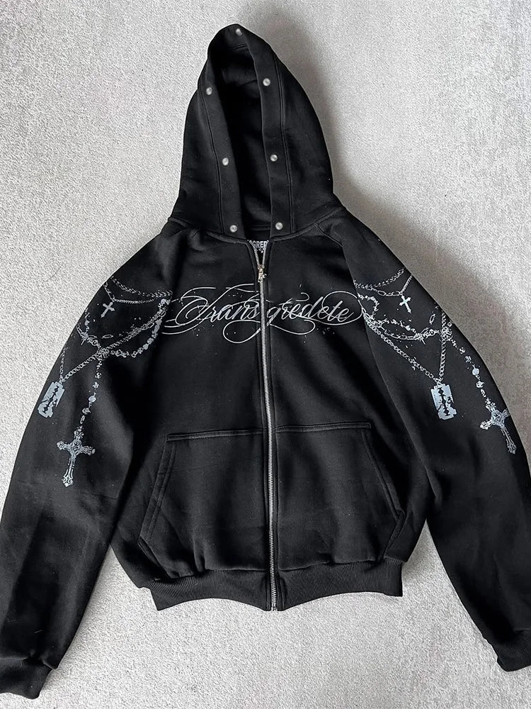 Winter Fashion Streetwear Women's Gothic Punk Faux Fur Hooded Jacket With Cross Print Trendy Edgy Zip - Up Sweatshirt 2026 New LadyShow.Store