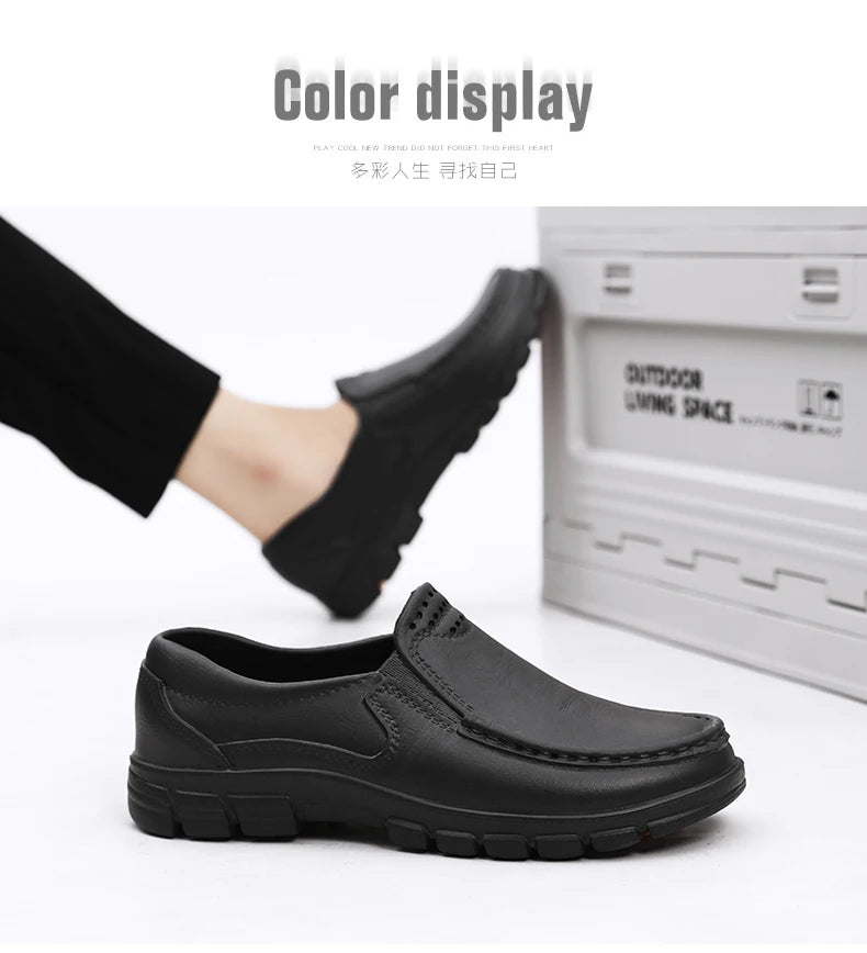 Chef shoes four season new anti slip oil resistant plus size business casual men's work leather shoes fashion comfort soft soled Pi-Mart