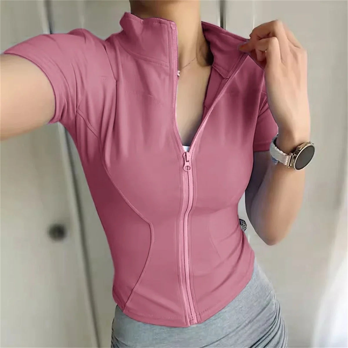 Casual Slim Sports Coat For Women Short Sleeve Solid Zipper Tops Female Cycling Running Yoga Outfit Clothes Summer Sport Jacket LadyShow.Store