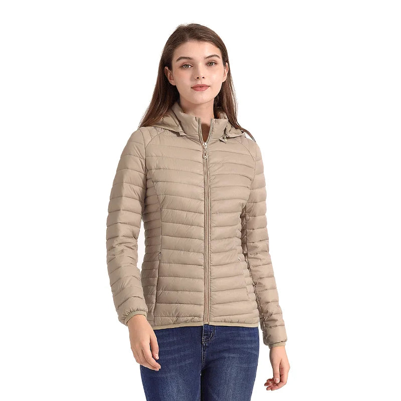 SANTELON Women Fashion Ultralight Padded Puffer Jacket Coat Lady Soild Lightweight Warm Outwear With Detachable Hood Storage Bag LadyShow.Store