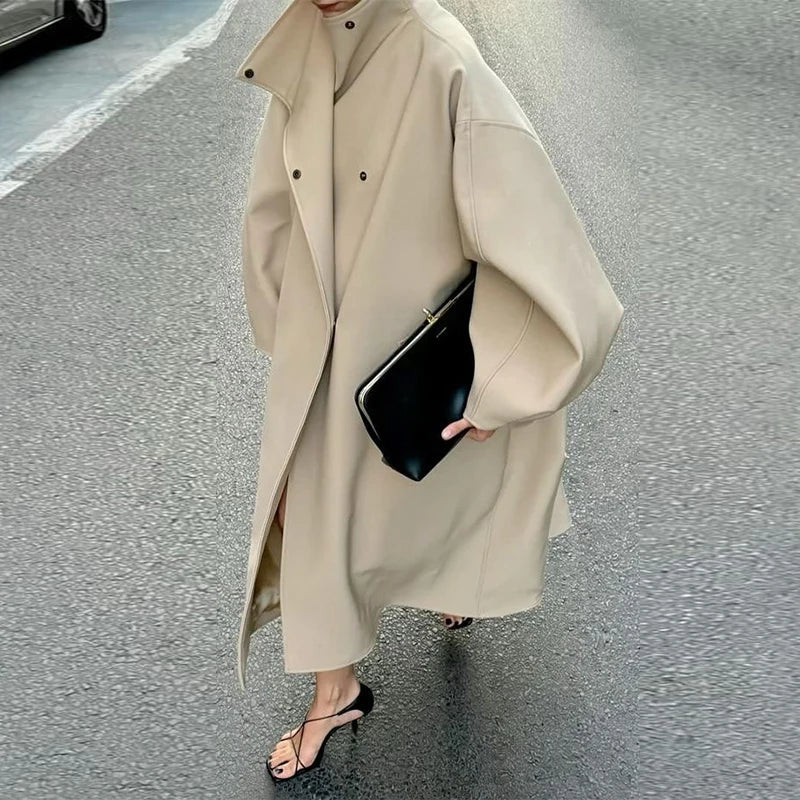 Women's Elegant Faux Suede Long Jacket Stand Collar Bat Sleeve Solid Overcoat Outwears 2025 Autumn Winter Female Streetwears LadyShow.Store