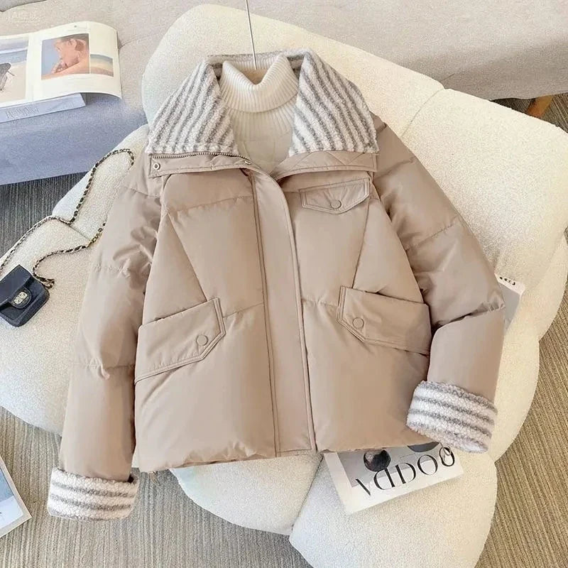 Women Lapel Collar Parkas Jacket Autumn Winter Femme Short Cotton Padded Coat Lady Fashion Long Sleeves Puffer Outwear LadyShow.Store