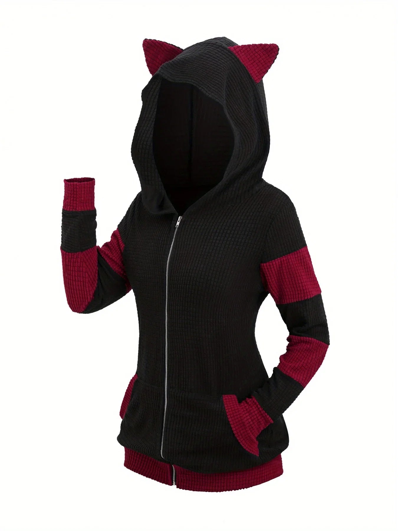 2024 European and American fashion women's new thick cat ears in autumn and winter long color matching hooded sweater coat LadyShow.Store