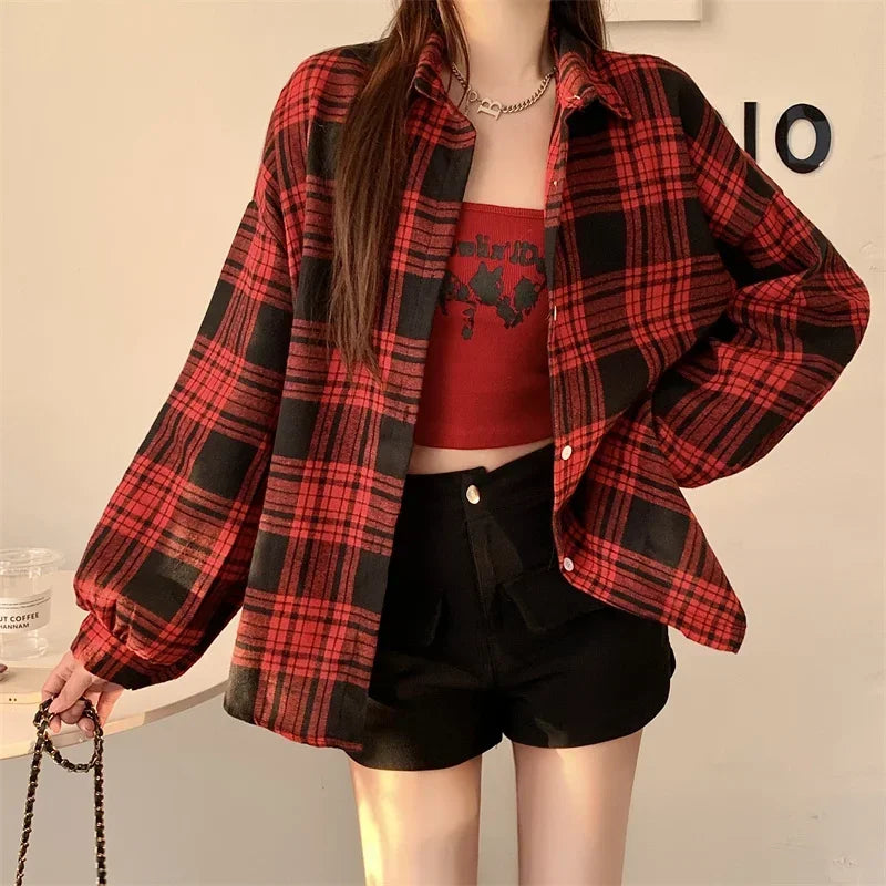 Black Flannel Shirt for Women Long Sleeve Collared Button-Up Tartan Plaid Shirt Jacket  Teen-girl Casual Everyday Outfit LadyShow.Store