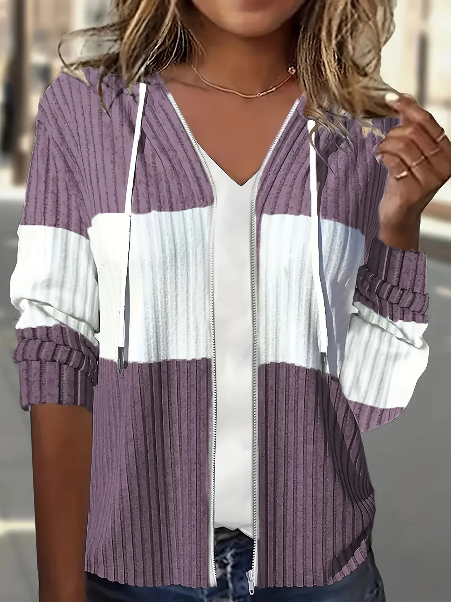 Women's Casual Color Block Hoodie Drawstring Zipper Jacket Streetwear Style with Pockets LadyShow.Store