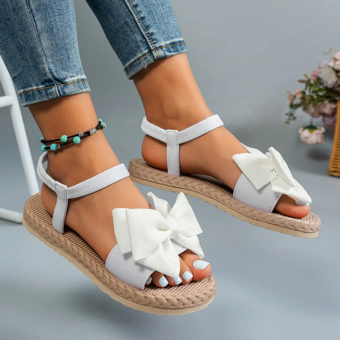 Women Sandals 2024 New Summer Lightweight Sandals Fashion Beach Casual Slippers Outdoor Bow Tie Flat Shoes Home Slides Women Pi-Mart