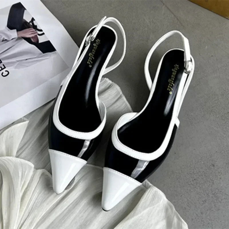 Designer Black White Mixed Color Low Heeled Sandals Women Sexy Pointed Toe Slingbacks Chunky High Heels for Women Elegant Heels LadyShow.Store