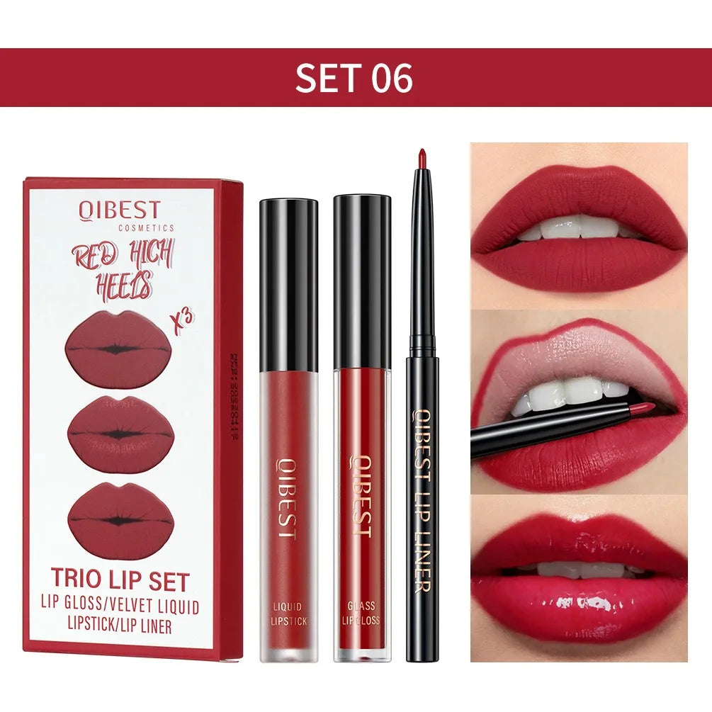 3pcs Matte Liquid Lipstick+Lip Liner Set Lip Glaze Makeup Nude Black Red Velvet Lip Gloss Long Lasting Lip Tint Cosmetics Kits Pi-Mart