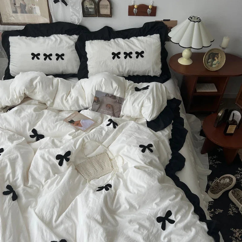 Black Bow Cotton Bedding Set, Princess Style Cute Girl Skin Friendly Soft Duvet Cover, Bed Sheet or Bed Skirt Pillowcase Pi-Mart