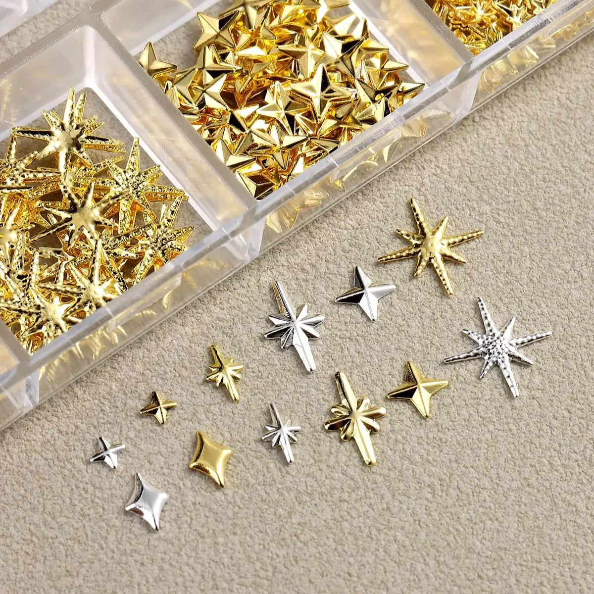 6/12Grids Gold Star Moon Metallic Rivet 3D Nail Charms Alloy Sun Moon Starlight Rhinestones Nail Studs For Nail Art Decoration Pi-Mart