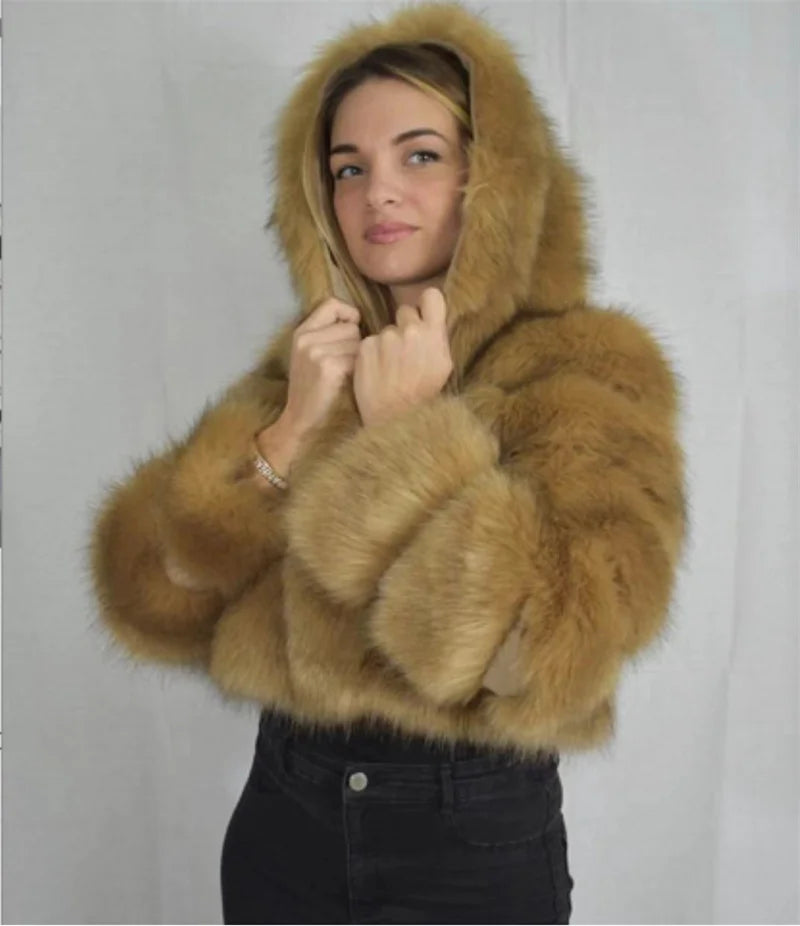 High Quality Furry Cropped Faux Fur Coats Jackets Women Fluffy Top With Hooded Winter Fur Jackets Fourrure Manteau Femme JH137 Pi-Mart