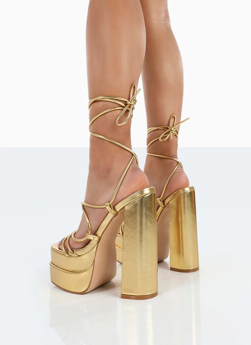 FF2025 New Fashion Solid Colored Cross-tied Heels Supper High Platform Dressing Sandals Peep-toe Square Heel Summer Footwear Pi-Mart