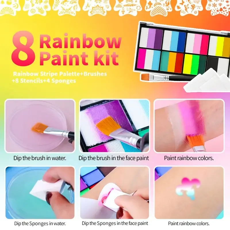 Palette Rainbow Stripe Paint Set with Brushes, Water Based Dual-Tone Face and Body Paint Palette, Christmas Halloween  Cosplay Tri Light Beauty