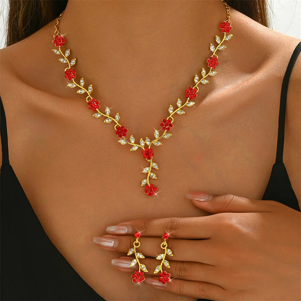 Sweet Jewelry Set Exquisite Rhinestone Pendant Banquet Party Women Fashion Romantic Crystal Necklace Earring Accessory Set Pi-Mart