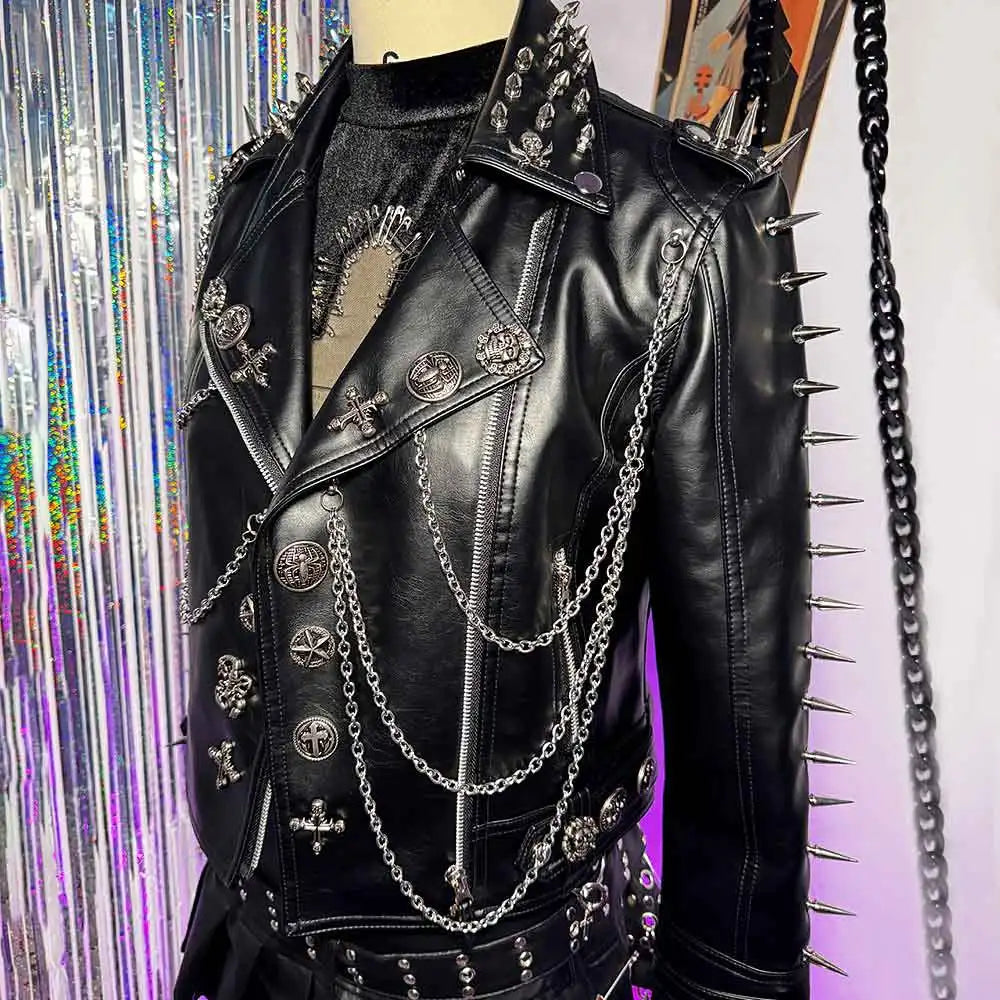 Y2K PU Leather Jacket Chain Skull Cross Punk Rock Street Wear Trendy Gothic Goth Cyber Harajuku Glitch Core Club Wear E-Girls Pi-Mart