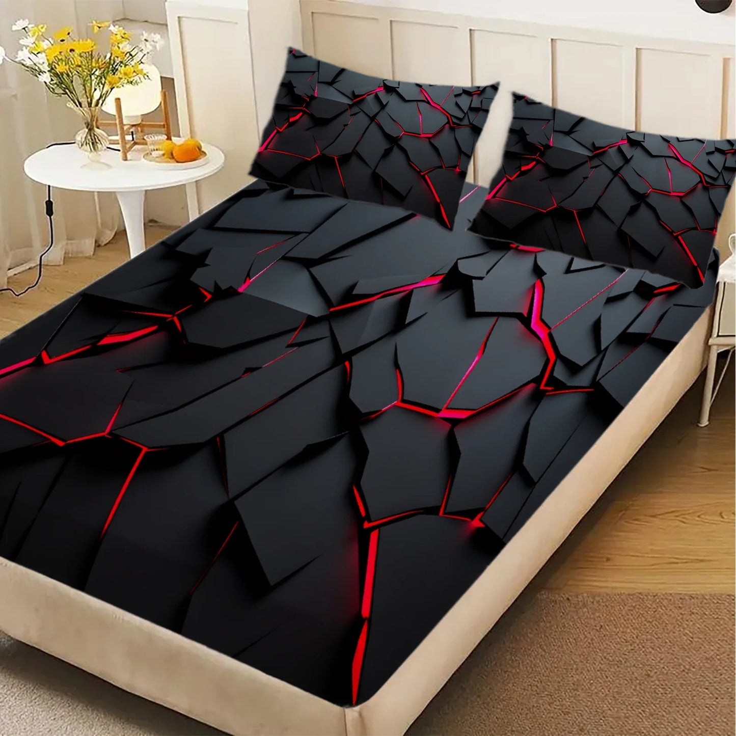 3Pcs Lightning Glow Fitted Sheet Set 3D Printed Soft Red Black Bedspread Single Twin Queen King Size Bed Sheet Set Home Decor LadyShow.Store