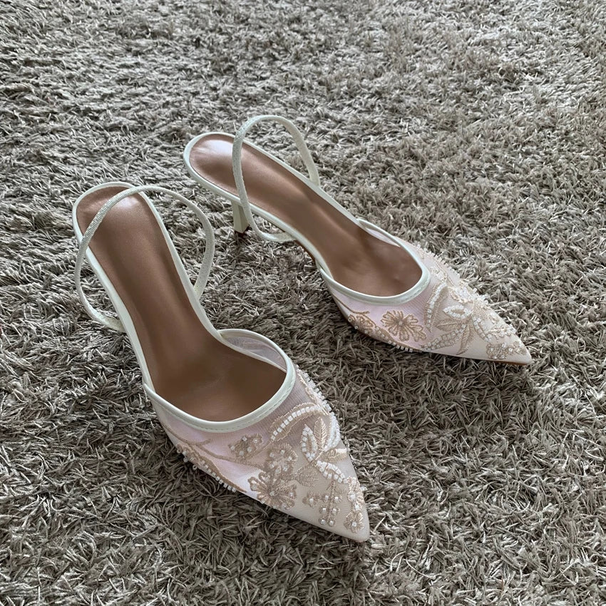 2026 String Bead Mesh Embroider Slingback High Heels Women Sexy Pointed Toe Heeled Sandals Summer Elegant Luxury Designer Shoes LadyShow.Store