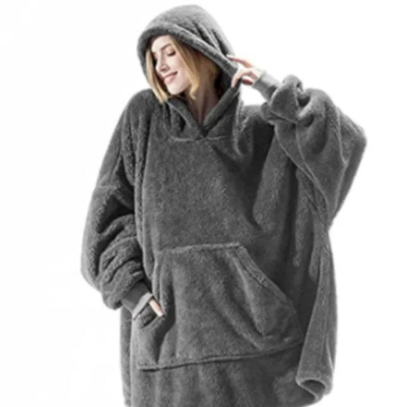 Winter Warm Unisex Double-faced Fleece Hooded Sweatshirts Casual Loose Long Thicken Pocket Pullover Batwing-sleeved Home Clothes LadyShow.Store