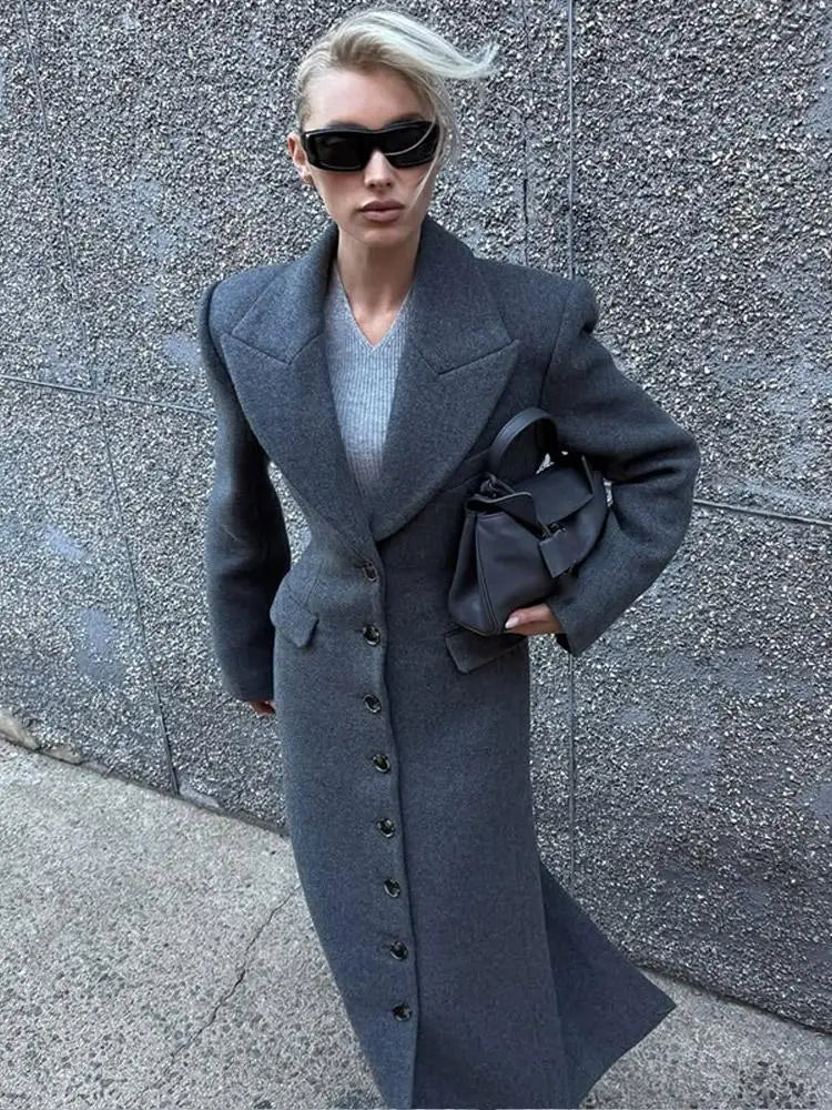 Women's Long Coat Slim V Neck Single Breasted Overcoats Shoulder Pad Maxi Jackets with Belt 2025 New Winter Lady Commute Outwear LadyShow.Store