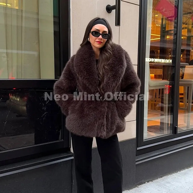 Neo Mint 2025 Winter Hot Brown Belted Faux Fur Coat Women Thick Warm Long Fox Fur Jacket Chic Brand Fashion Girls Furry Overcoat LadyShow.Store