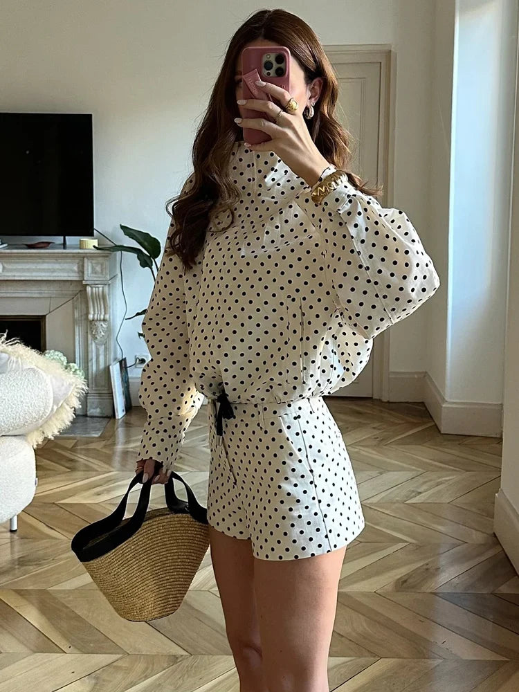 HH Fashion Women's Polka Dot Print Short Coats Autumn Long Sleeves Turtleneck Zipper With Pockets Drawstring Casual Jacket LadyShow.Store