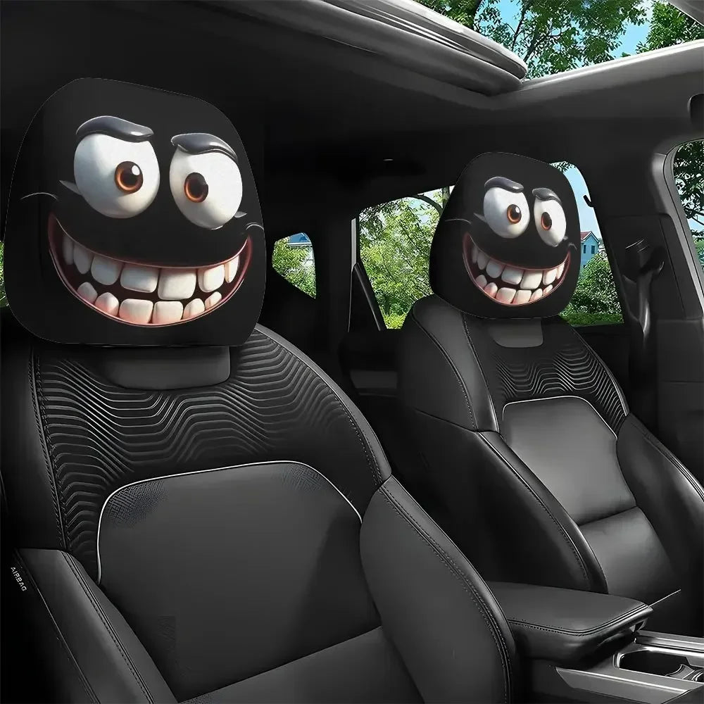 2pcs Smiley Face Printed Car Pillowcase Soft Comfortable Decorative Cushion Cover Auto Seat Headrest Washable Polyester Fabric Pi-Mart