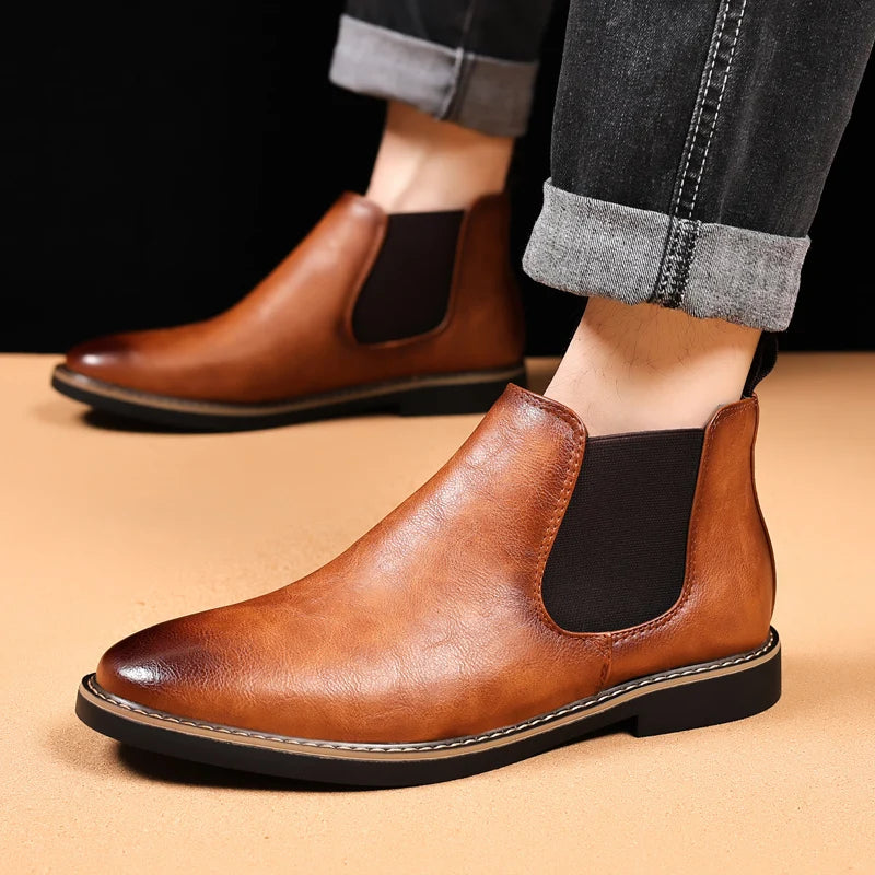 YRZL 39~47 Men Chelsea Boots Brand Retro Comfortable PU Leather Ankle Boots Men 2025 Fashion Black Brown Mens Boots Pi-Mart