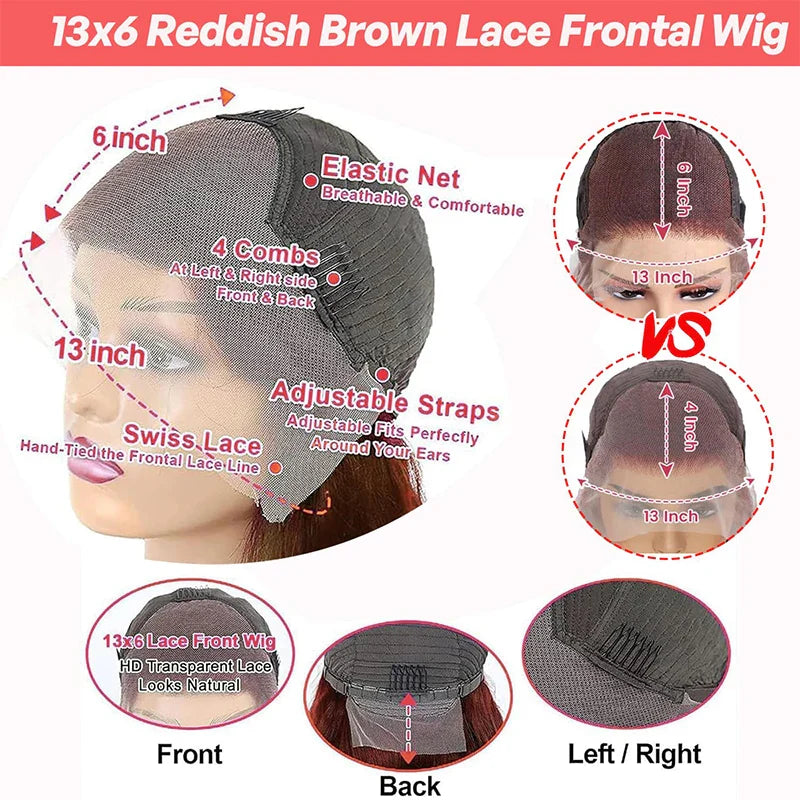 Body Wave Reddish Brown 13x6 Lace Front Wigs Human Hair Pre Plucked With Baby Hair #33 Colored Wigs for Women 180% Density LadyShow.Store