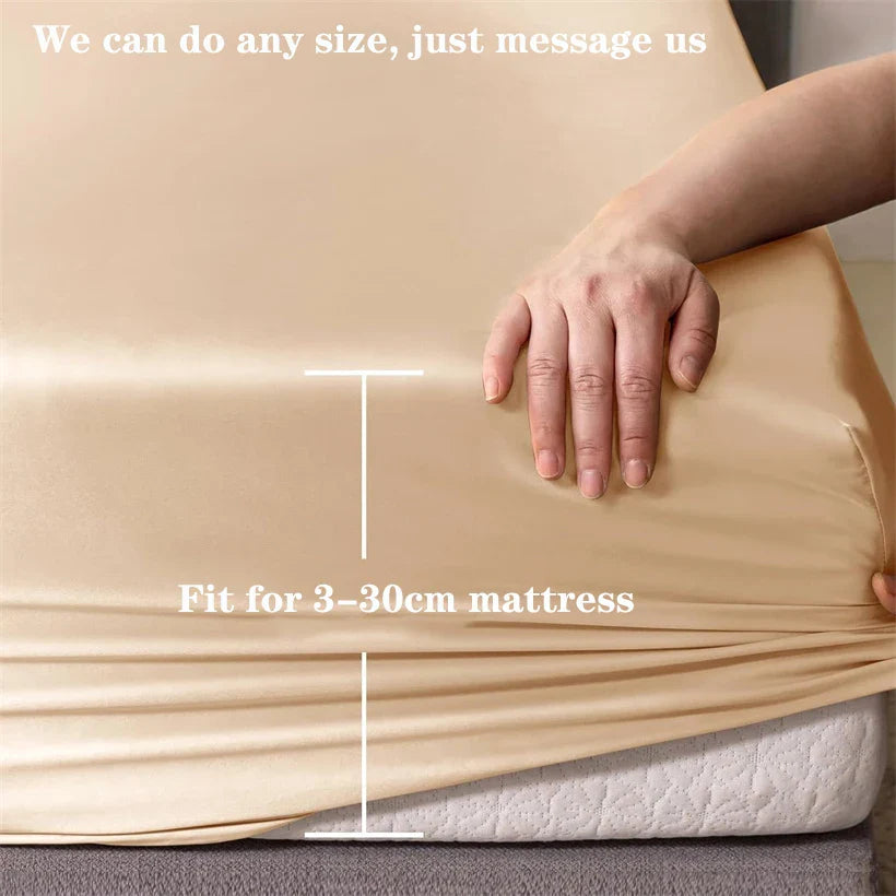 3pcs Set 100% Mulberry Silk Bed Sheet Set with 1pc Fitted Sheet and 2pcs Pillowcase Mattress Cover for Double King Queen Size LadyShow.Store
