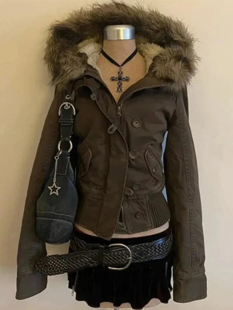 Subculture Harajuku Vintage Safari Coats with Hooded Women Zipper Sweatshirts Casual Streetwear Grunge Jacket Y2k Stand Neck LadyShow.Store