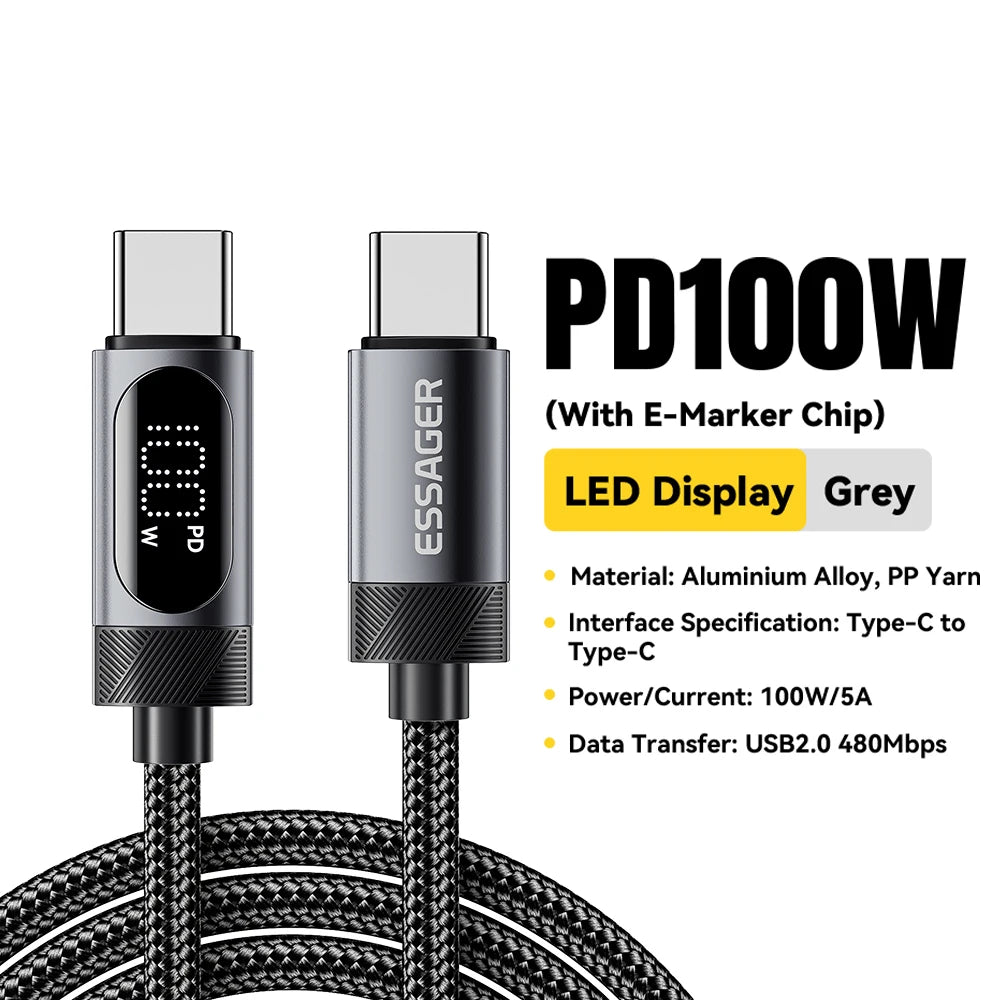 Essager Digital Dispaly USB C Cable For iPhone 17 16 15 Xiaomi Huawei 100W PD Fast Charging For Macbook iPad Type C to C Cable Pi-Mart