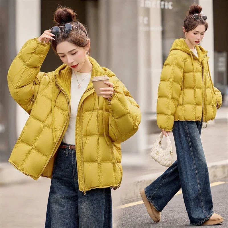 Femme Korean Cotton Padded Outwear 2026 New Autumn Winter Women Casual Knitted Hooded Puffer Jacket Fake Two-piece Warm Parkas LadyShow.Store
