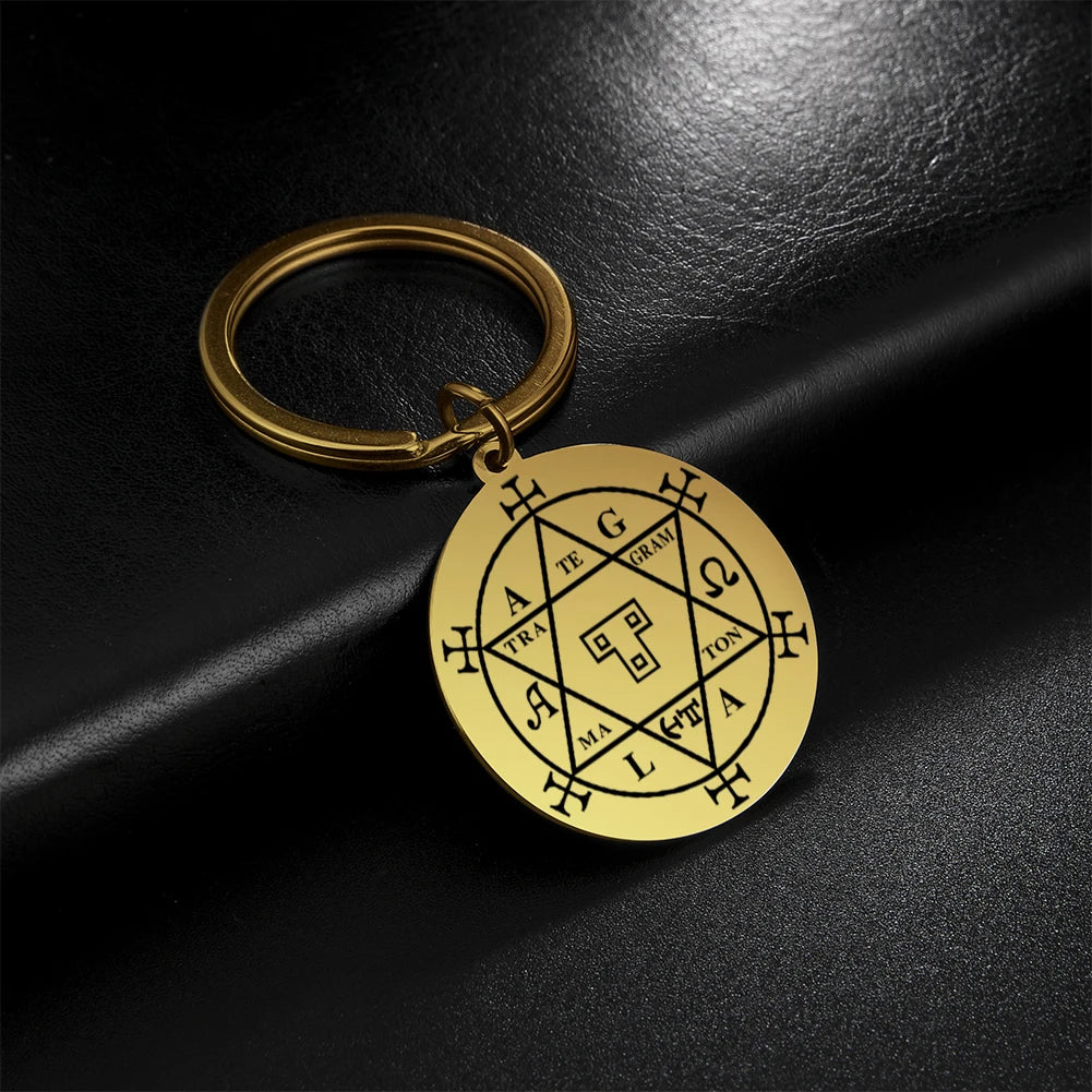Dawapara Protection Secret Seal of Solomon Pendant Keychain Witchcraft Hexagram Wealth Fortune Amulet Stainless Steel Jewelry Pi-Mart