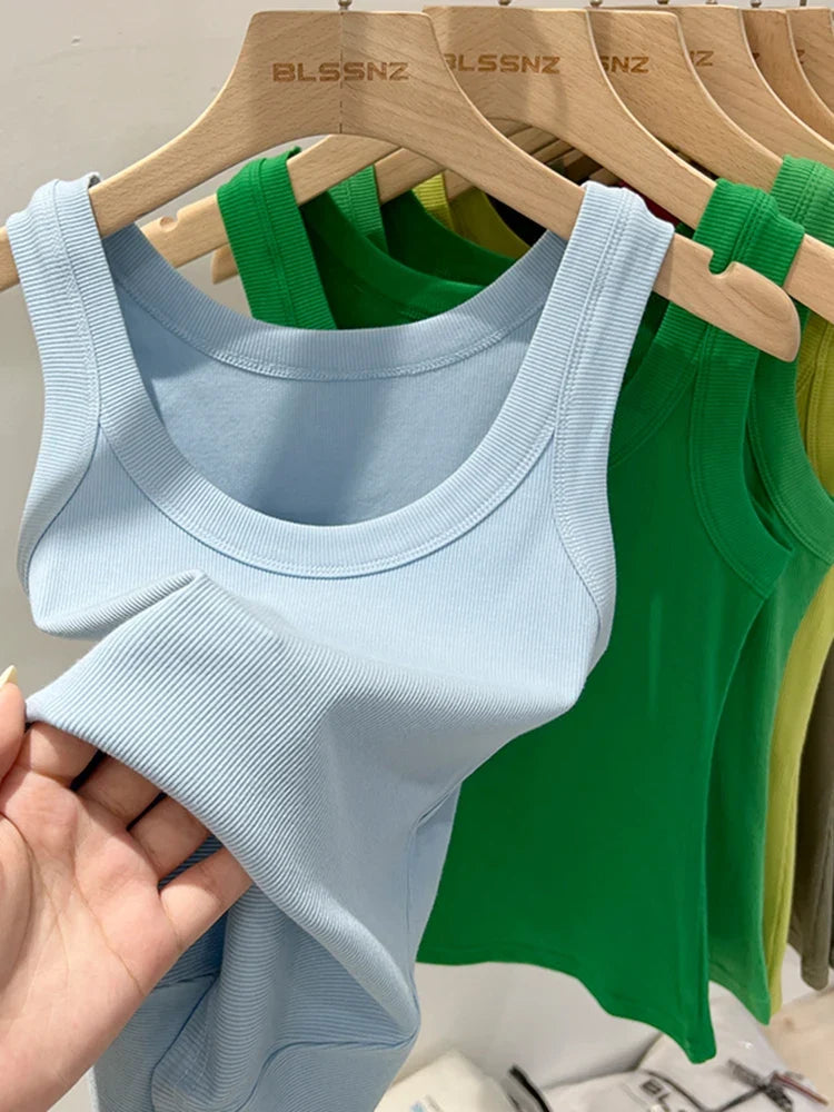zjaiss Women Solid Round Neck Ribbed Tank Top Camisole Women 2026 Summer Basic Elastic Tank Top O Neck Solid Tank Top Tri Light Beauty