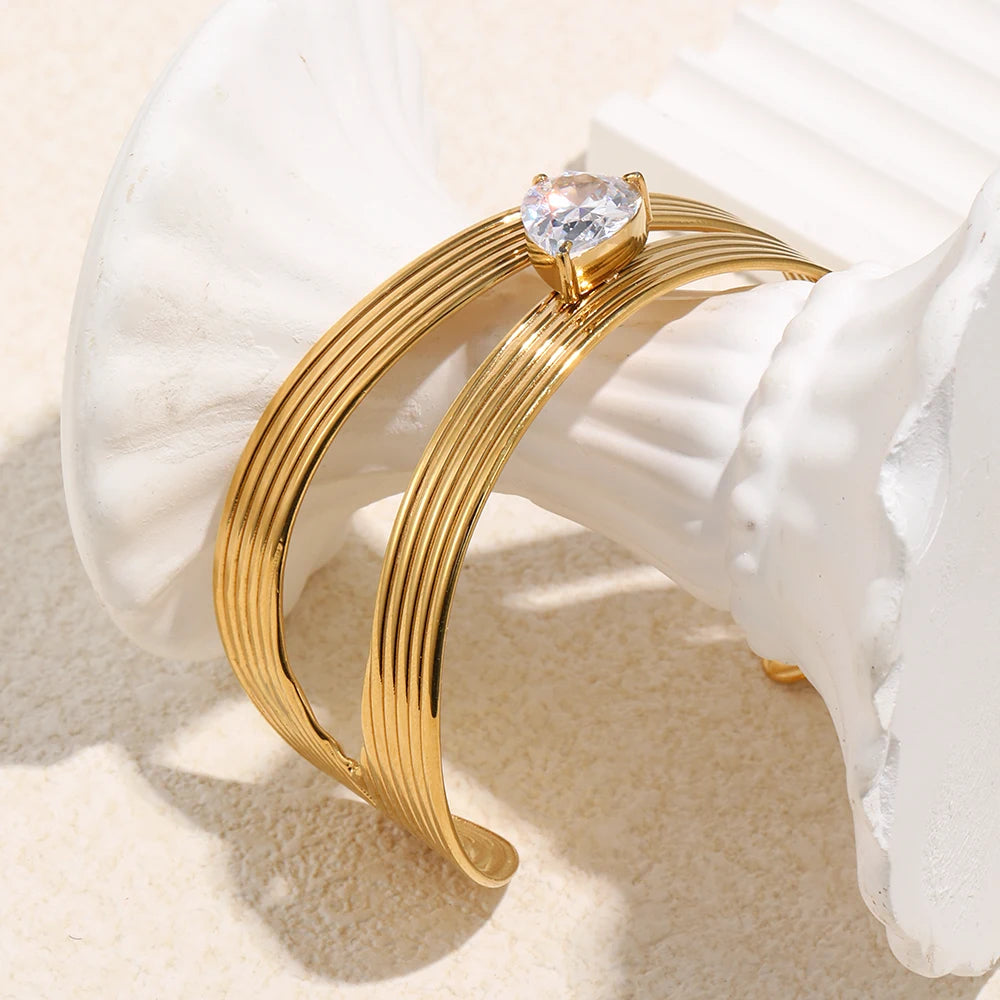 La. Muses Sparkling Zircon Stripe Asymmetric Stainless Steel Women's Bracelet PVD Gold Plated Fashion Jewelry Accessories Pi-Mart