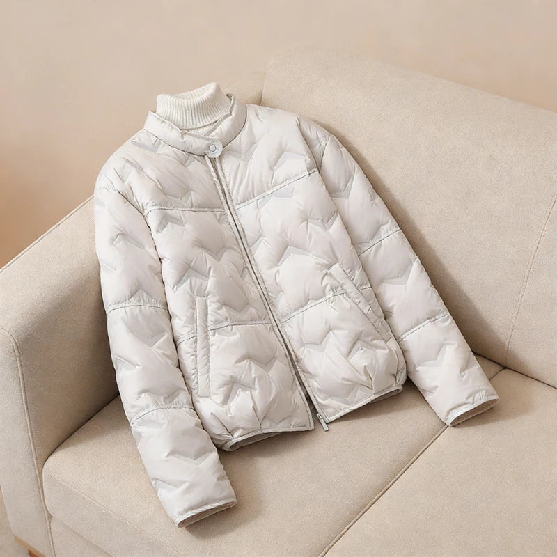 Schinteon Women White Duck Down Lightweight Puffer Quilted Jacket Stand Collar Fashion Autumn Winter Short Coat 2026 New LadyShow.Store